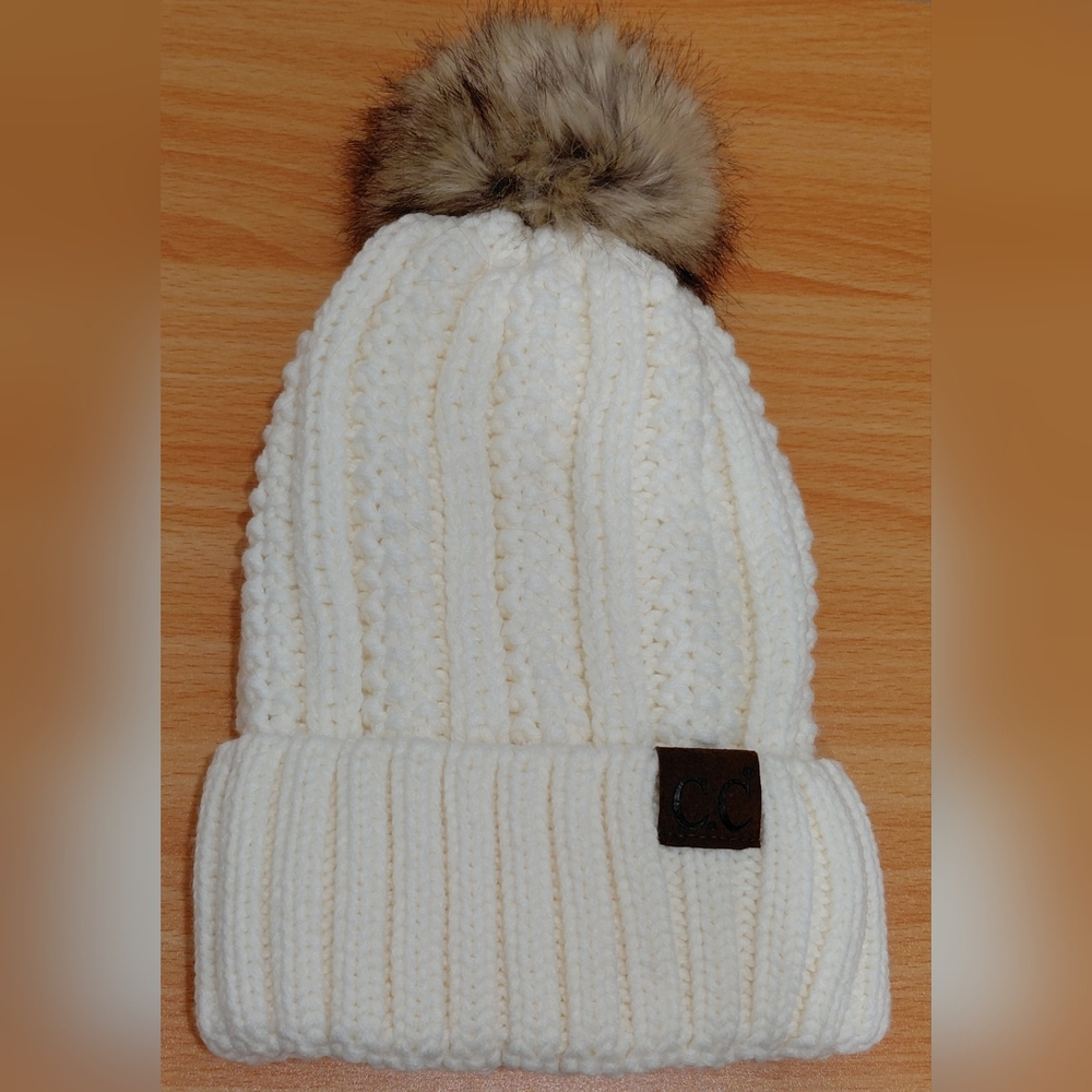 C.C. Exclusive Womens Beanie Winter Hat Cap Knit Faux Fur Pom Pom Skiing Trips